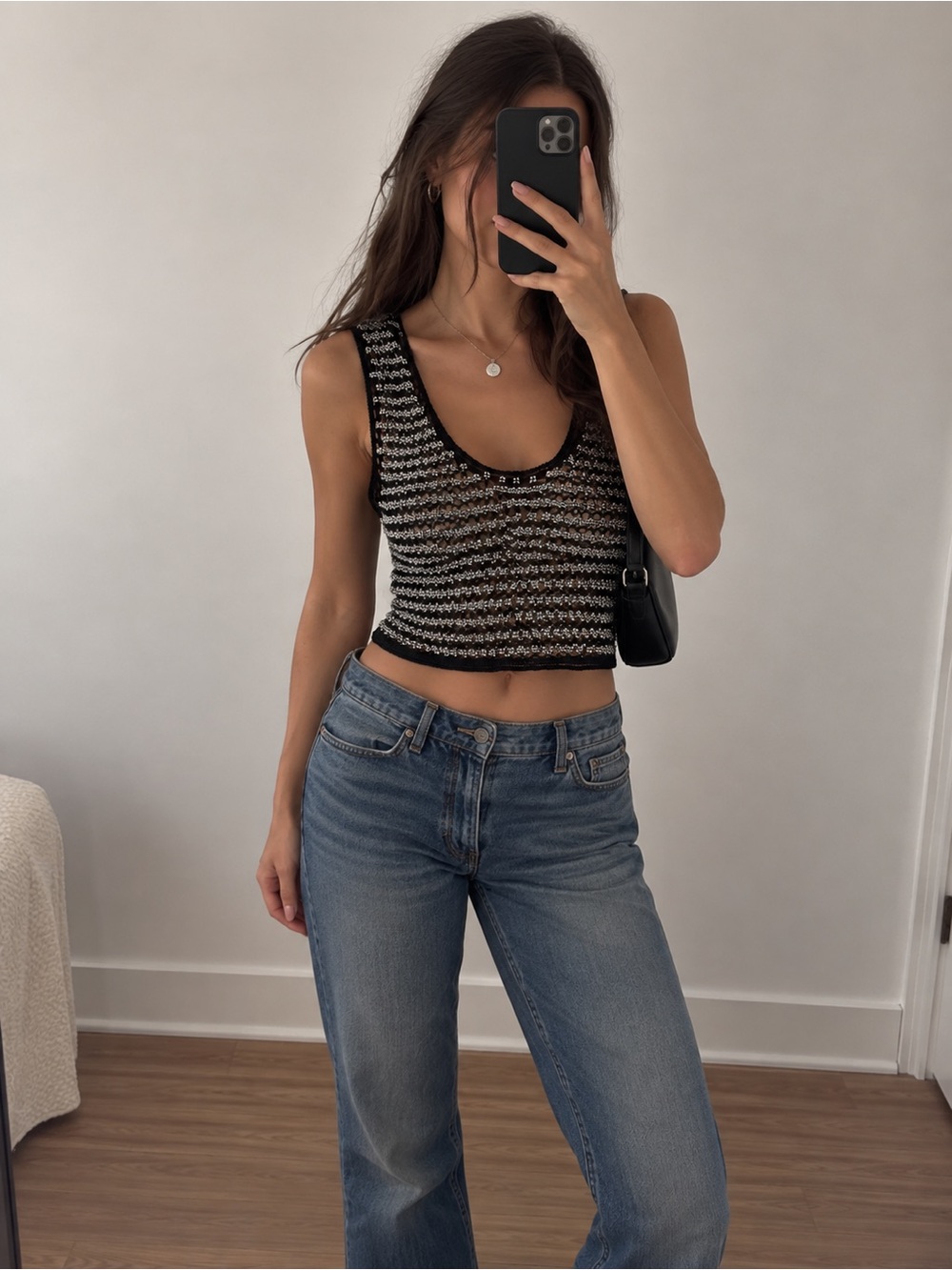 Y2K Black Silver Beaded Crochet Sheer Crop Tank Top Indie Sleaze